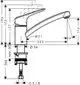 Hansgrohe Spültischmischer in chrom, mit einem langen Auslauf und einem ergonomischen Hebel. Das Design zeigt Maße und technische Details in einer schematischen Darstellung.